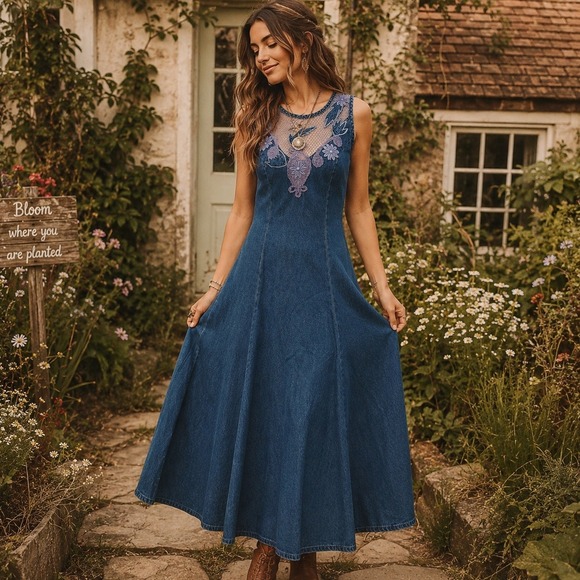 Styleworks Dresses & Skirts - Vintage Styleworks Denim Maxi‎ Dress Blue Embroidered Mesh Floral Boho Women's 4
